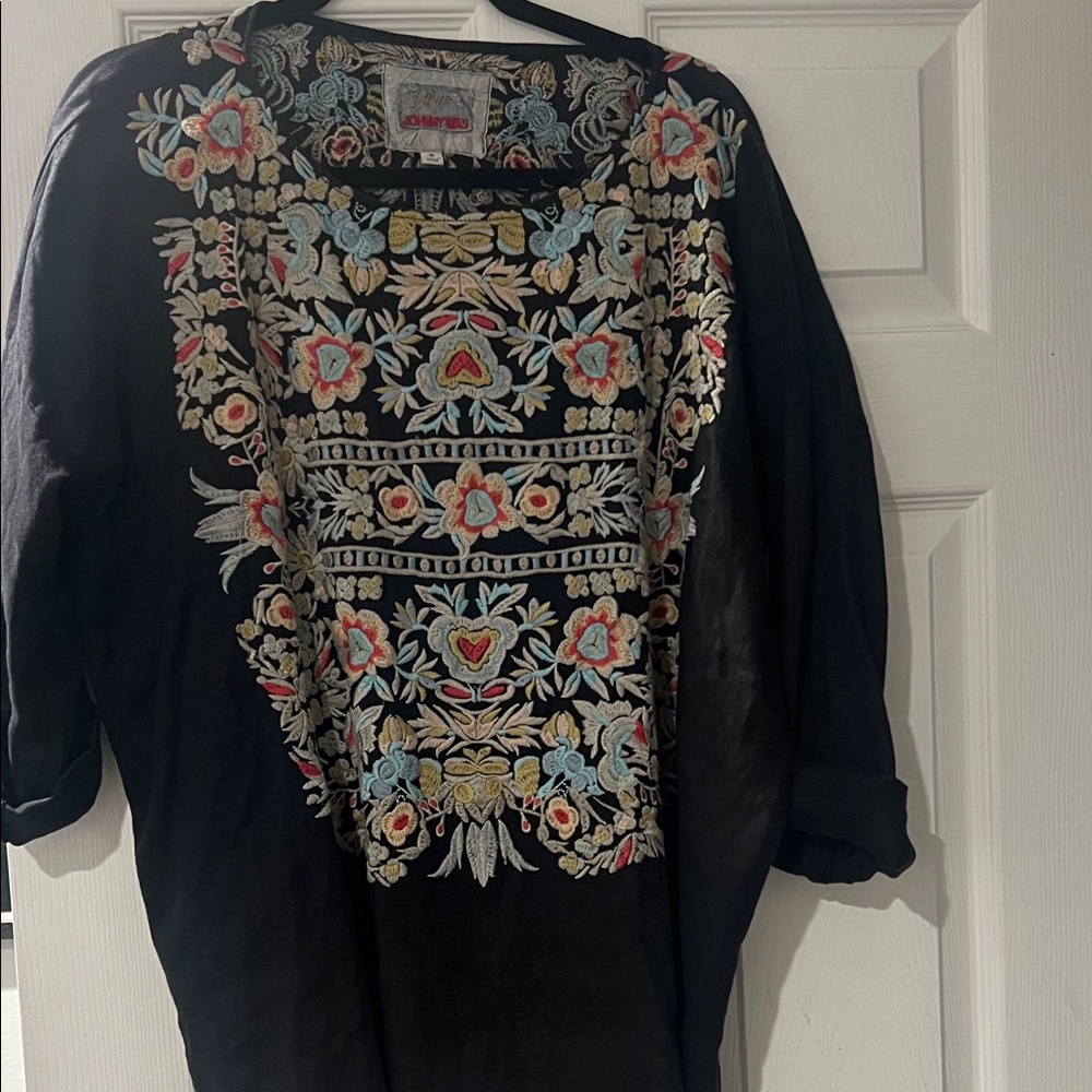 Johnny Was Black Blouse with Colorful Embroidery